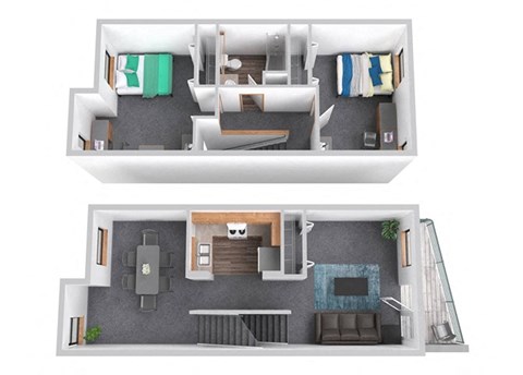 Floor plan for 2 beds, 1 bath, 970 sqft